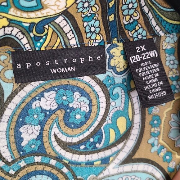 Apostrophe Green Paisley V Neck Art To Wear Relaxed Fit Top Plus Size - Picture 8 of 8